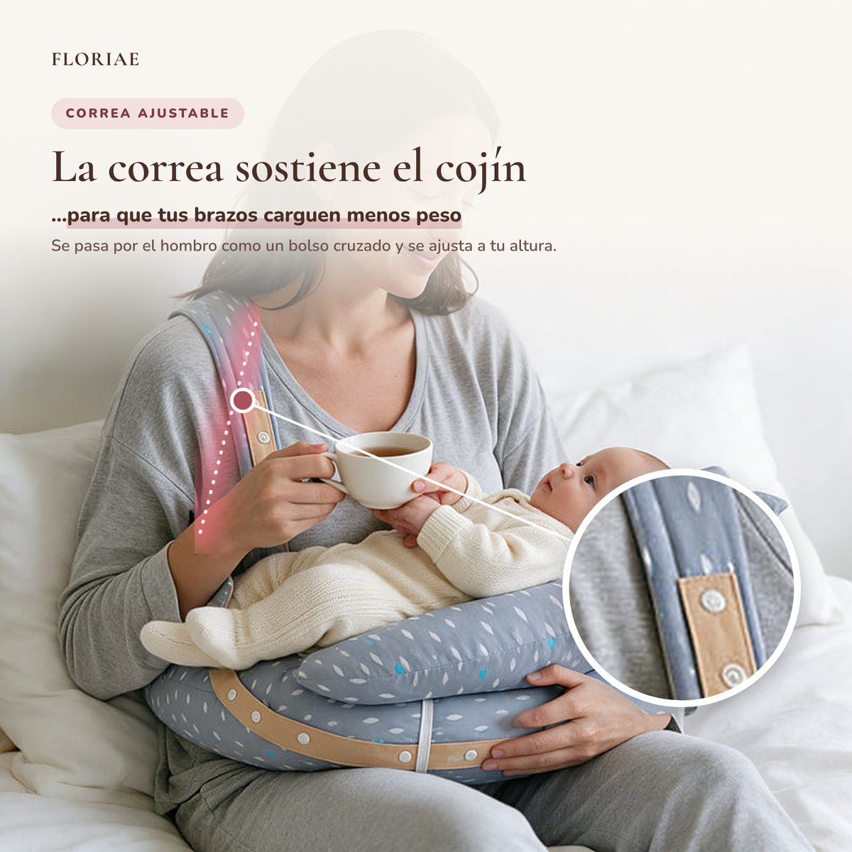 La correa ajustable al hombro sostiene el cojín para que tus brazos carguen menos peso